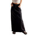 Detailed macro view of the high waist denim maxi skirt with raw hem edge and washed finish - Black