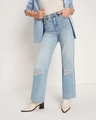 Detail of light blue straight leg jeans with knee rips and frayed hem edges - S / Light Blue