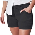 Detail of high-waisted black denim shorts featuring deep side pockets and slim fit design - S / Black