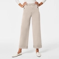 Women's high-waisted loose wide-leg cropped jeans in light beige with decorative buttons - Khaki
