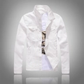 Men's slim fit white stretch denim jacket with a classic stand collar and button front - M / White