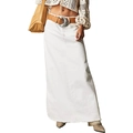 Bohemian style white maxi denim skirt with raw hem and vintage leather belt accessory - White