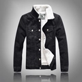 Schwarze Herren-Denim-Winterjacke mit warmem weißem Sherpa-Futter und Metallknöpfen - M / Schwarz