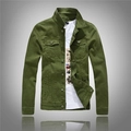 Men's olive green denim jacket featuring a classic stand collar and double chest pockets - M / Green