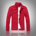 Men's slim fit red casual denim jacket with chest pockets and vintage print tee - M / Red