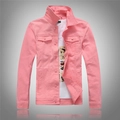 Men's slim fit pink denim jacket with classic collar and front metal buttons - Pink