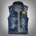 Slim fit dark blue denim vest with vintage embroidery patches and metal buttons - L / Blue