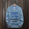 Lichtblauw spijkerjack voor heren met standby-borduurwerk en ritszak op de rug - 2XL / Blauw