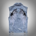 Men's light blue denim vest with wing embroidery, distressed details and metal studs - M / Blue