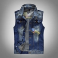 Men's vintage blue denim vest with lightning embroidery and distressed details - M / Blue