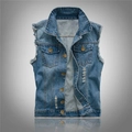 Herren Denim Weste in Blau, schmale Passform mit Rissen und ausgefransten Ärmelkanten - S / Blau