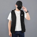 Men's black hooded utility vest with zipper closure and cool patch detail over a white tee - M / Black