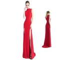 Elegante vestido de noche rojo sin mangas con cuello alto y abertura lateral alta largo - S / Rojo