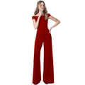 Detail of off-shoulder neckline and tailored waist on this red wide-leg jumpsuit - S / Red