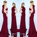 Detail of burgundy halter evening gown with cut-out waist and large back bow decoration - S / Burgundy