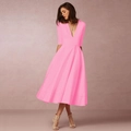 Detail of hot pink V-neck midi dress featuring mid-sleeves and a flared A-line silhouette - Pink