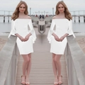 Detail of off-shoulder mini dress with ruffled bell sleeves in solid white color - S / White