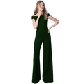 Detail of off-the-shoulder neckline and tailored fit of a dark green wide-leg jumpsuit - Green