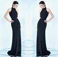 Detail view of black halter evening dress with waist cutouts and open back design - S / Black
