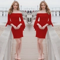Detail of red off-shoulder dress featuring tiered ruffle sleeves and a slim-fit silhouette - S / Red
