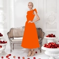 Detail of orange A-line midi dress featuring ruffled sleeve accents and round neck design - Orange