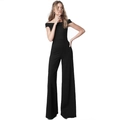 Elegant black off-shoulder wide-leg jumpsuit for women with a sleek slim-fit waist design - S / Black