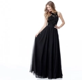 Close-up of elegant floral lace embroidery and sheer bodice on a black chiffon gown - 3XL / Black