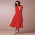 Elegant red V-neck midi dress with short sleeves and a flowing pleated skirt for gala events - S / Red