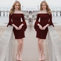 Detailed view of wine red off-shoulder dress with elegant ruffle bell sleeves and slim fit - S / Burgundy