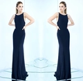 Detail of elegant black sleeveless evening gown featuring a slim fit and fishtail hemline - S / Navy Blue