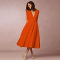 Chic orange V-neck midi dress with half sleeves and a wide A-line flared skirt detail - Orange