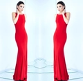 Macro shot of elegant red sleeveless slim fit evening gown with high-elastic fabric detail - S / Red