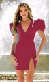 Detail of elegant V-neck puff sleeve slim fit dress with high side slit in deep rose red - S / Burgundy