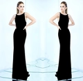Formal sleeveless black evening gown with round neck and elegant floor-length silhouette - S / Black