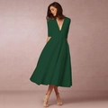 Elegant deep V-neck dark green midi dress with A-line wide skirt and half sleeves - Green