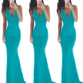 Detail view of lake blue V-neck backless mermaid evening gown with thin straps - Sky Blue
