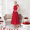 Elegantes rotes Midikleid mit Rundhalsausschnitt, Rüschenärmeln und weitem Rock - S / Rot