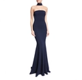 Detail of navy blue fishtail evening gown with halter neck and slim fit mermaid silhouette - Navy Blue