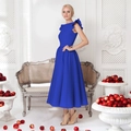 Elegant royal blue sleeveless midi dress featuring ruffled shoulders and a pleated A-line skirt - S / Blue