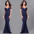 Detailed view of dark blue off-shoulder mermaid evening gown with slim fit cut - Navy Blue