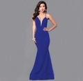 Detail of elegant dark blue evening dress with cross straps and deep V-neck mermaid hem - Blue