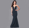 Close-up of elegant deep blue evening gown featuring cross-strap back and slim fit design - Navy Blue