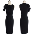 Detail view of black bodycon dress with side ruffle decoration and waist pleats - S / Black