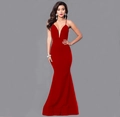 Detail of the elegant red deep V-neck mermaid dress showing slim fit and fishtail hem - S / Red