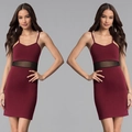 Mini robe moulante bordeaux avec empiècement en tulle noir et fines bretelles - S / Bordeaux