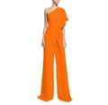 Detail of elegant orange one shoulder jumpsuit with tiered ruffle and wide leg cut - Orange