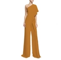 Detail of elegant one-shoulder mustard yellow jumpsuit with draped cape sleeve and wide legs - Yellow Orange