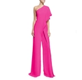 Detail of elegant one-shoulder peach pink wide-leg jumpsuit with ruffled sleeve design - Magenta
