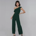 Elegant dark green one-shoulder jumpsuit with ruffled neckline and wide-leg pants - S / Green