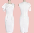 Elegant white sleeveless bodycon dress with ruffle shoulder and back zipper detail - S / White